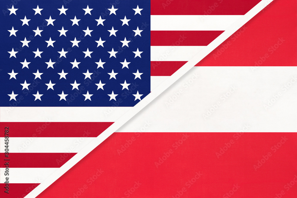 USA vs Austria national flag from textile. Relationship between american and european countries. USA vs Austria national flag from textile. Relationship between american and european countries.