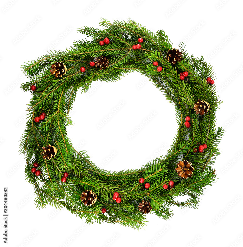 Obraz Traditional christmas wreath with pine cones and red berries isolated on a white background. Christmas holiday, New Year, winter concept.