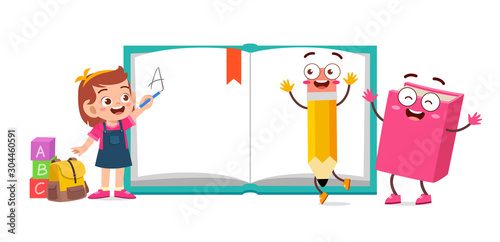 happy cute kid school with book and pencil