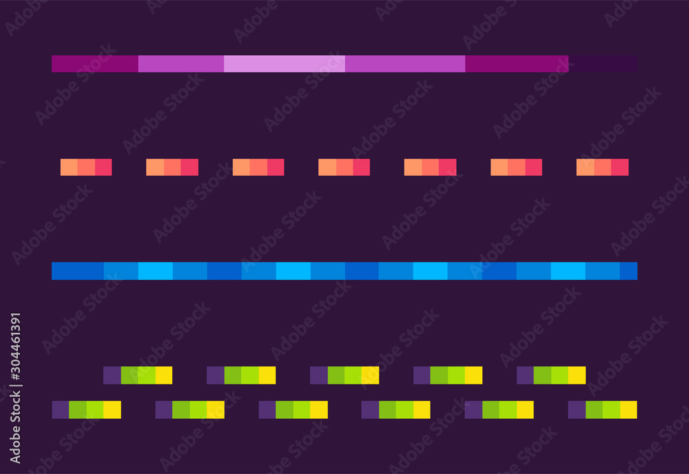 Set of colorful lines on purple, neon dotted and wavy-line, shooting element of space pixel game, shiny laser collection, squared light or burst vector, pixelated cosmic object for mobile app games Set of colorful lines on purple, neon dotted and wavy-line, shooting element of space pixel game, shiny laser collection, squared light or burst vector, pixelated cosmic object for mobile app games