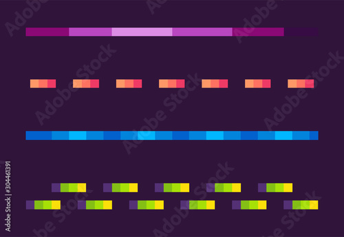 Set of colorful lines on purple, neon dotted and wavy-line, shooting element of space pixel game, shiny laser collection, squared light or burst vector, pixelated cosmic object for mobile app games