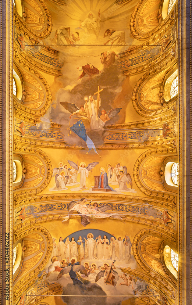 ACIREALE, ITALY - APRIL 11, 2018: The ceiling fresco (Annunciation in center) in Duomo - cattedrale di Maria Santissima Annunziata by  Giuseppe Sciuti (1907).