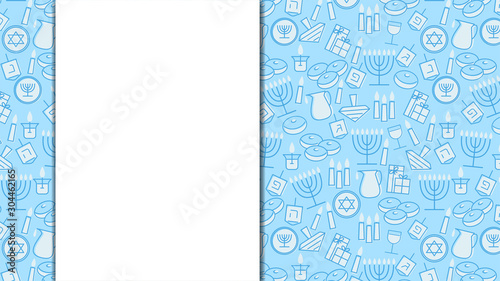 Hanukkah blue background with copy space. Jewish Festival of light. Vector illustration with holiday candles, dreidels, Hebrew letters and David stars.