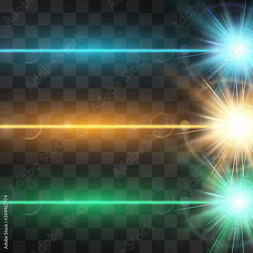 Laser beam light effect, burning explosion set isolated on transparent background. Vector neon energy, glowing ray with bursing flash end.  Hi tech modern shining design element for text ads, posters.