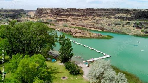 Aerial view of Dierkes Park Lake with tourists in summer on a beautiful sunny day, Twin Falls, Idaho photo