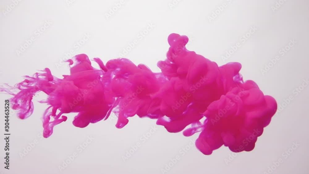 Ink cloud overlay. Fantasy whiff. Magenta pink smoke motion on white background for video editing.