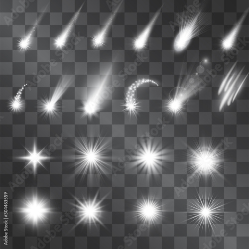 Vector silver sparkle light effect, meteorites, shooting stars. Decorative white illumination shining sources. Glistening set of flashes and highlights on transparent background for decorative purpose