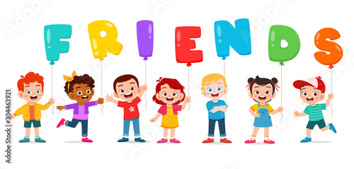happy cute kids boy and girl holding ballon text
