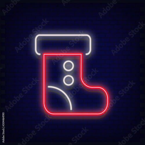 Neon Santa Claus Boot. Retro Bright Signboard, Light Banner for Christmas Design on Brick Wall Background. Fluorescent Vector Illustration.