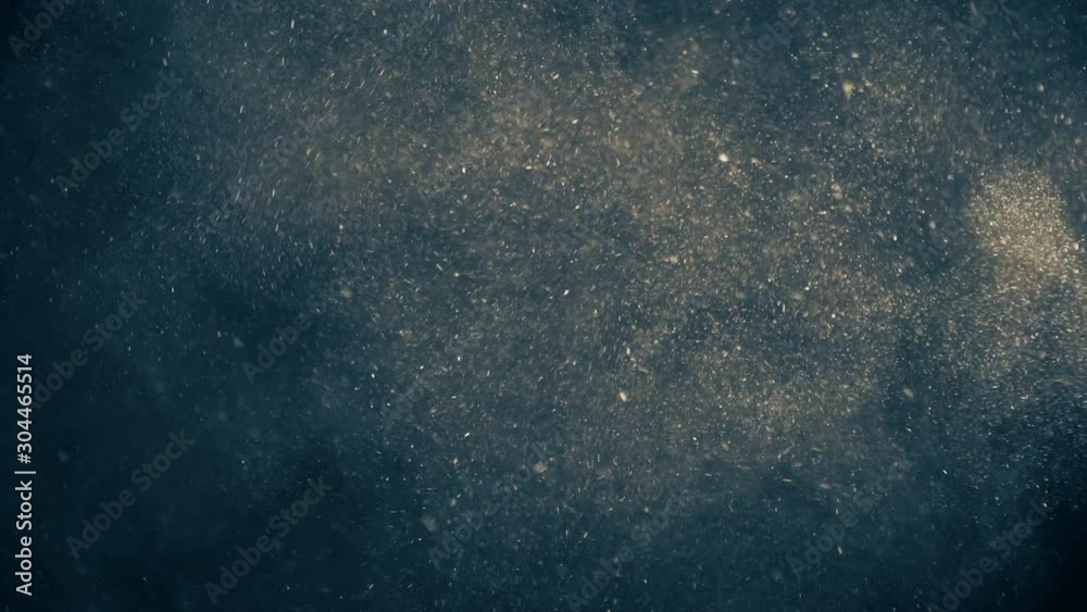 Natural Organic Dust Particles Floating On Black Background. Dynamic Dust Particles Randomly Float In Space With Fast And Slow Motion. Shimmering Glittering White Particles With Bokeh In The Air.