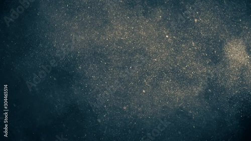 Natural Organic Dust Particles Floating On Black Background. Dynamic Dust Particles Randomly Float In Space With Fast And Slow Motion. Shimmering Glittering White Particles With Bokeh In The Air. photo
