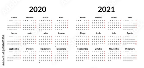 Spanish calendar 2020 2021 design template. Vector stationery calender 2020, 2021 years week starts Monday, yearly organizer minimal business illustration