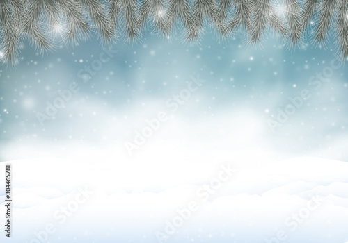 Snowstorm in the night. Winter background with snow banks in the snowfall. Snowy pine tree branch frame with sparkles.
