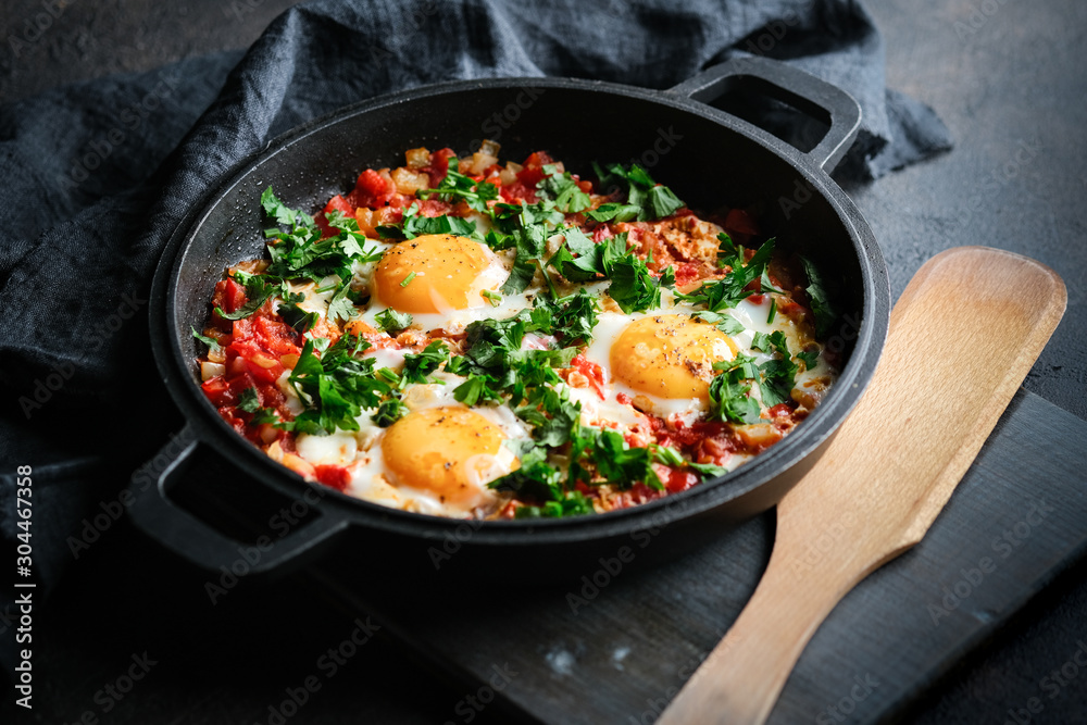 Traditional shakshuka with eggs, tomato, and parsley in a iron pan on a dark background Traditional shakshuka with eggs, tomato, and parsley in a iron pan on a dark background