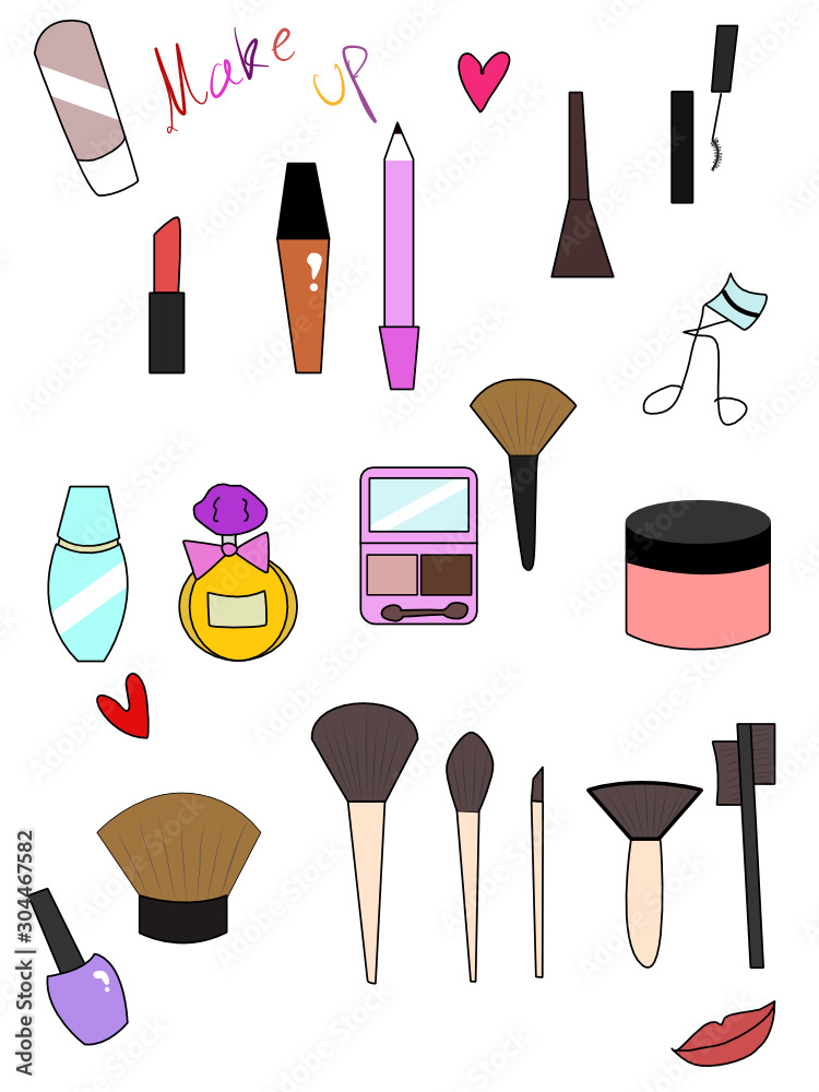 set of accessories make up tools in flat design cute many element in one lipstick brush eyeliner mascara cream eyelash curler perfume nail polish