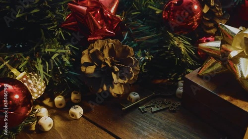 The Christmas decorations on wood table for holiday content.