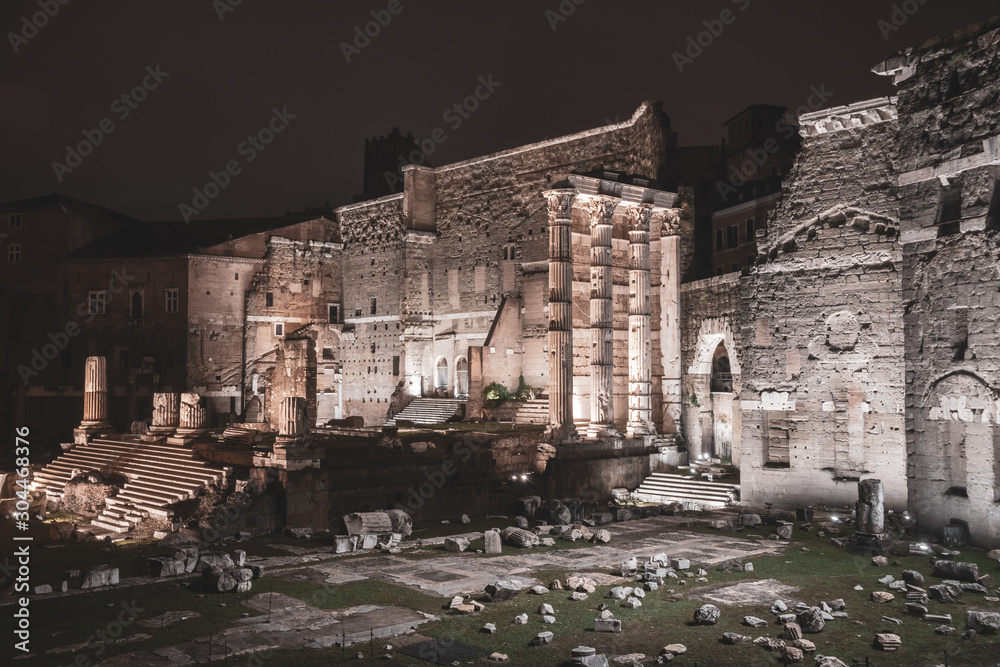 Forum of Augustus at night in Rome, Italy. Travel.