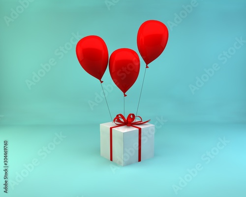 3D rendering 3D illustration gift box white with red ribbon and red balloon isolated on pastel background  © mrudik