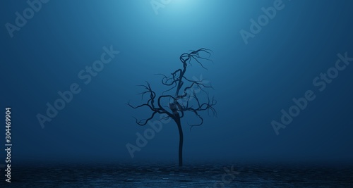 Withered  dead  crooked tree. Surreal blue smoke  fog. Abstract concept gloomy  scary place. 3D rendering