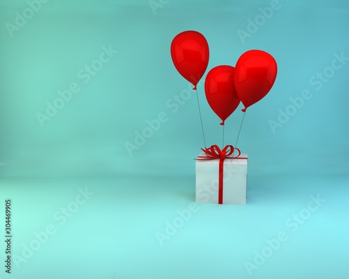 3D rendering 3D illustration gift box white with red ribbon and red balloon isolated on pastel background 