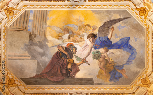 COMO, ITALY - MAY 9, 2015: The fresco of St. Maurice in church Chiesa di San Andrea Apostolo (Brunate) of by paintero from Giampaolo Recchi family (1679). photo
