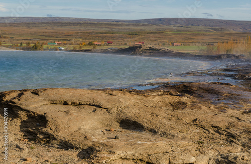 Iceland, geyser valley Geyser Strokkur. Great tourist attraction on Golgen Circle Iceland.