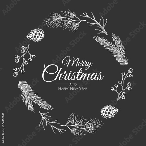Christmas frame with winter plants. Botanical illustration.
