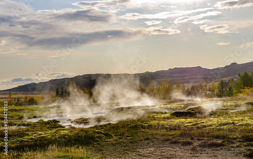 Iceland, geyser valley Geyser Strokkur. Great tourist attraction on Golgen Circle Iceland.