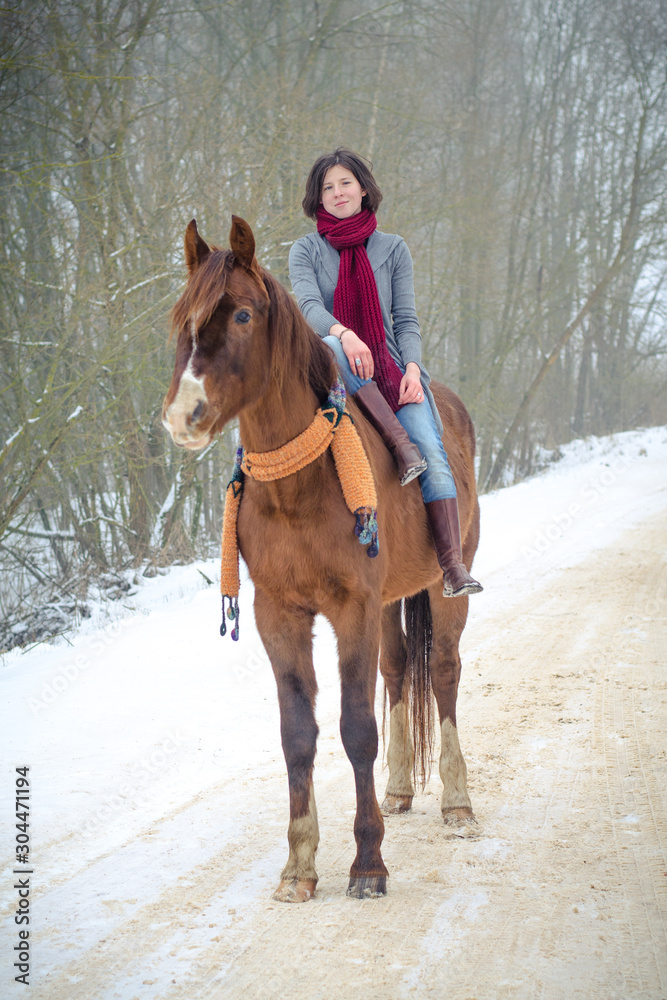 portrait of girl riding red trakehner stallion horse with scarf in winter portrait of girl riding red trakehner stallion horse with scarf in winter