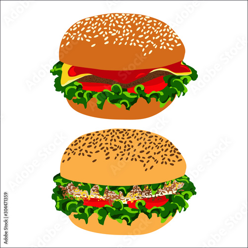 Illustration vectorielle d   un hamburger    la viande et d   un hamburger v  g  tarien.