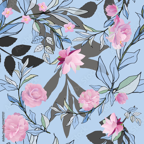 Seamless pattern with pink roses and grey and grey leaves on light blue background. Tropical flowers, lily. Vector illustration with plants. Gentle pastel colors