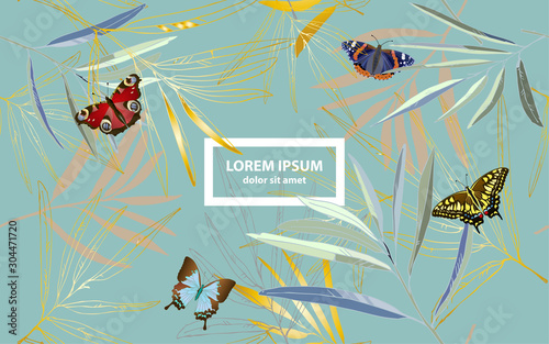 Butterfly and tropical palm leaves vector illustration. Picture with gold, blue and green colors and aquamarine background. Endless pattern. Website page.