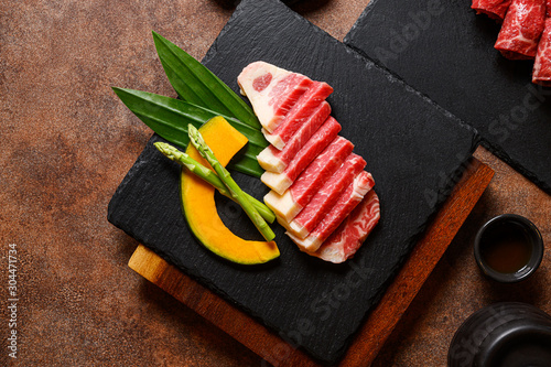 Japanese Food style  : The premiums sliced Wagyu beef put on the plate for ready to cooking or grill