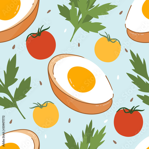 Breakfast seamless pattern for print, textile, fabric. Modern food illustration background. Eggs with tomatos good morning meal.
