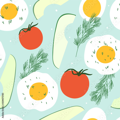Breakfast seamless pattern for print, textile, fabric. Modern food illustration background. Eggs with tomatos good morning meal.
