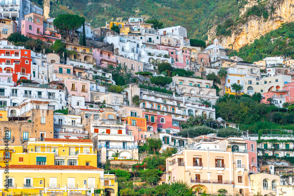 Colorful houses of Positano along Amalfi coast, terraced houses, Campania, Italy.