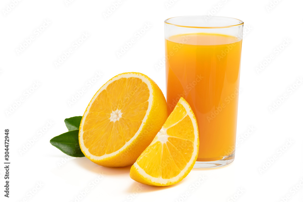 Glass of fresh orange juice with fruits cut in half and sliced with green leaf isolated on white background Glass of fresh orange juice with fruits cut in half and sliced with green leaf isolated on white background
