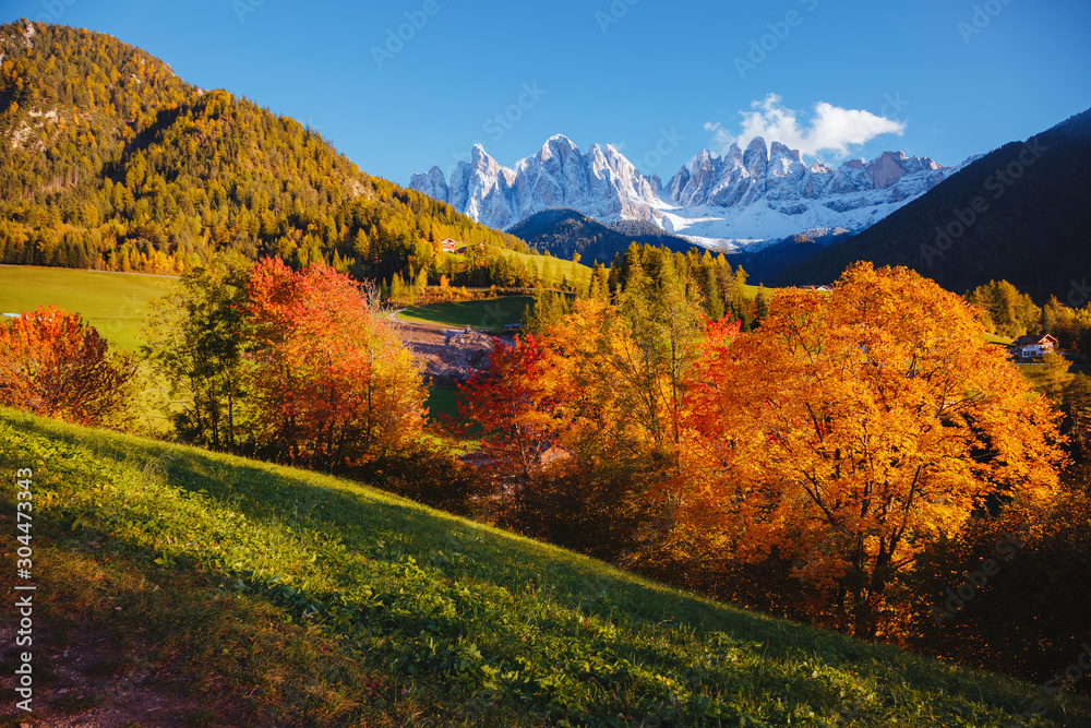 Morning in St. Magdalena village. Location Val di Funes, Dolomite alps, Italy, Europe.