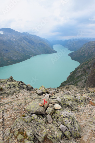 Above View (looking West) of the Green Lake Gjende from the Besseggen Ridge Trail with Red T Trail Marker, Jotunheimen National Park, Norway (Summer)