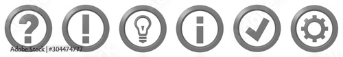 question mark exclamation point information info sign ideas light bulb symbol gear sign check mark tick icon silver gray set 3d rendering