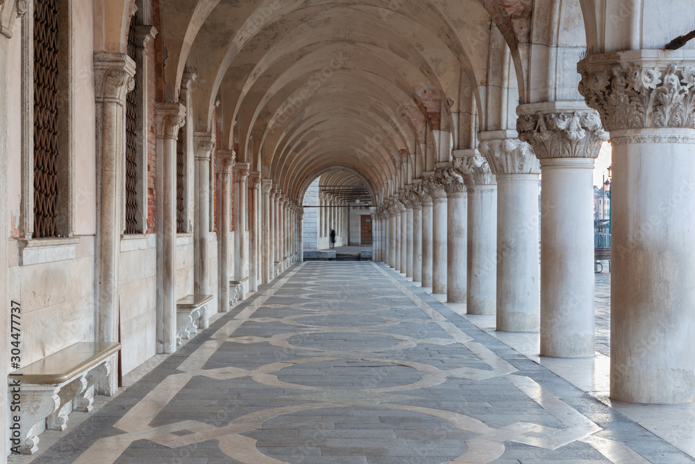 Venice - Exterior corridor of Doge palace in the morning.