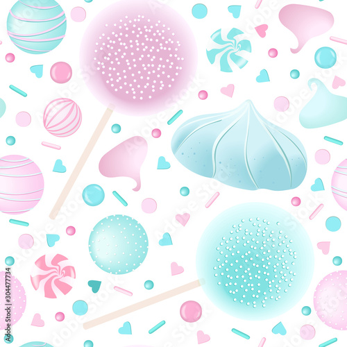 Confection candy seamless pattern set. White and pink marshmellows, lollipop, icing,