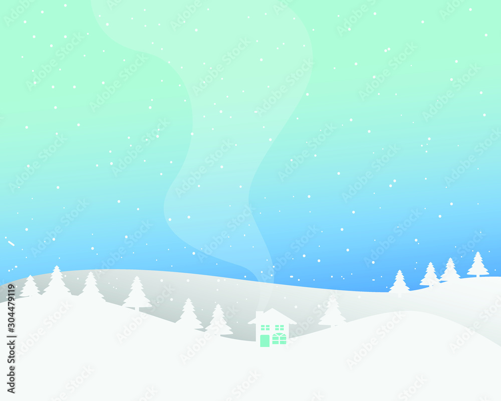 winter background. Winter scenery. House and cypress tree with blue background. Vector illustration