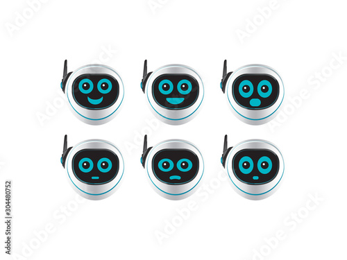 Robotic character design and different expressions, vector illustration