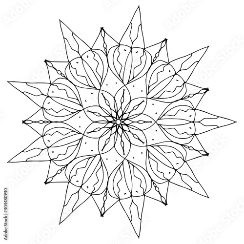Children coloring, drawing. Leaves set of different plants and trees. Star shape or snowballs. Black and white snowflake.