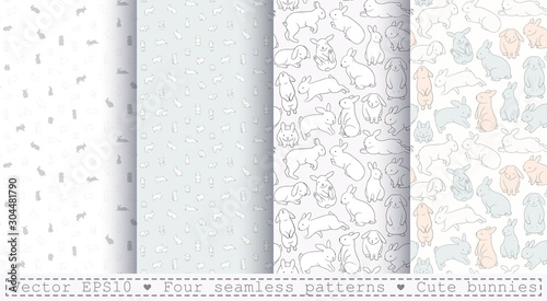 Four seamless patterns with cute bunnies. Cartoon white rabbits on a light pastel background. Linear, outline drawing.