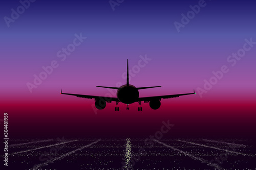 Airplane in the sky over the lights of a big city at sunset. Vector image.