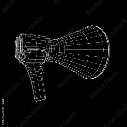 Megaphone or bullhorn for amplifying voice for protests rallies or public speaking. Wireframe low poly mesh vector illustration