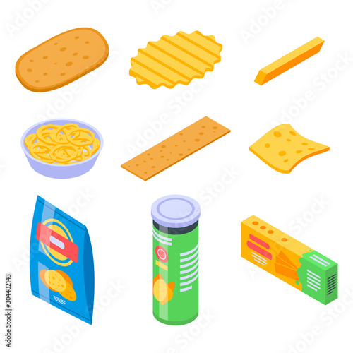 Chips potato icons set. Isometric set of chips potato vector icons for web design isolated on white background