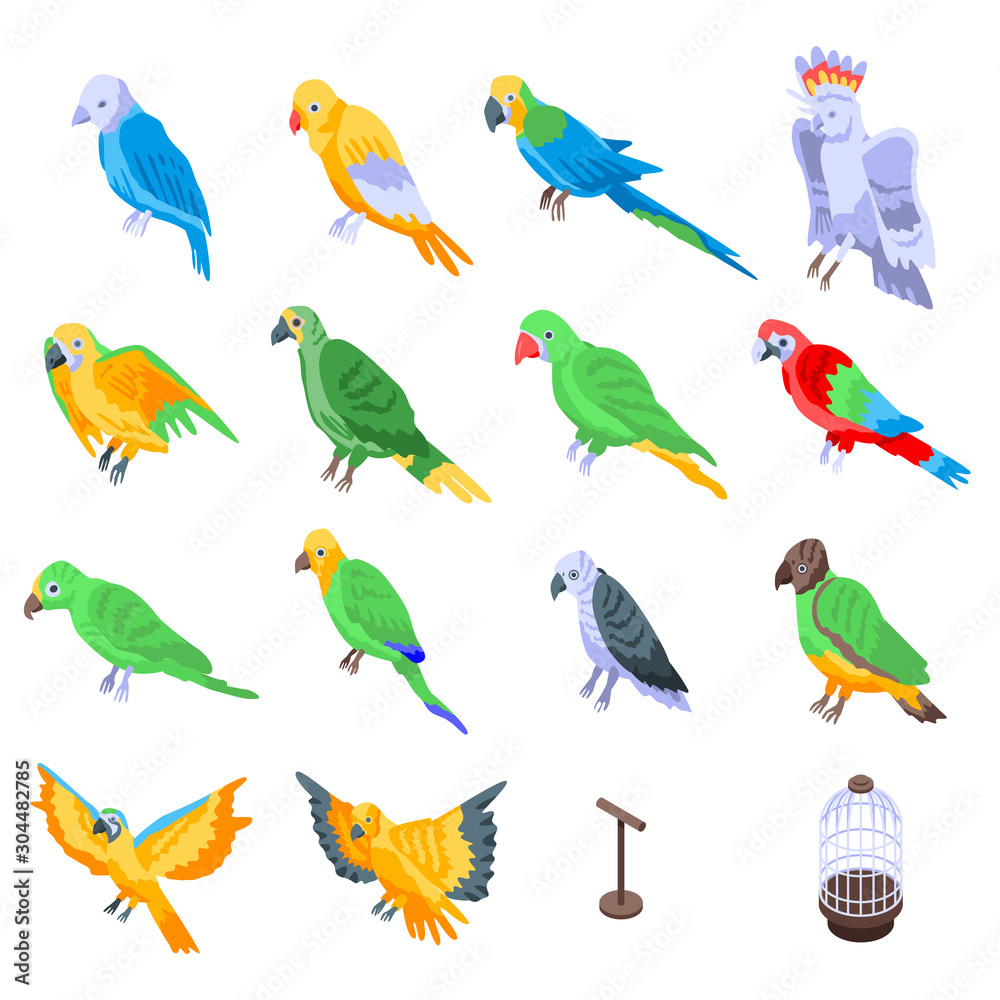 Obraz Parrot icons set. Isometric set of parrot vector icons for web design isolated on white background